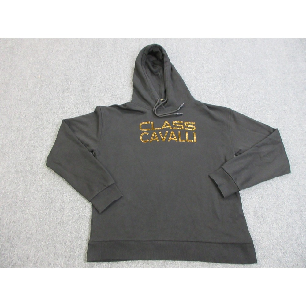 Cavalli Class Hoodie Mens Large Black Gold Rhinestone Pullover Logo‎ Sweatshirt